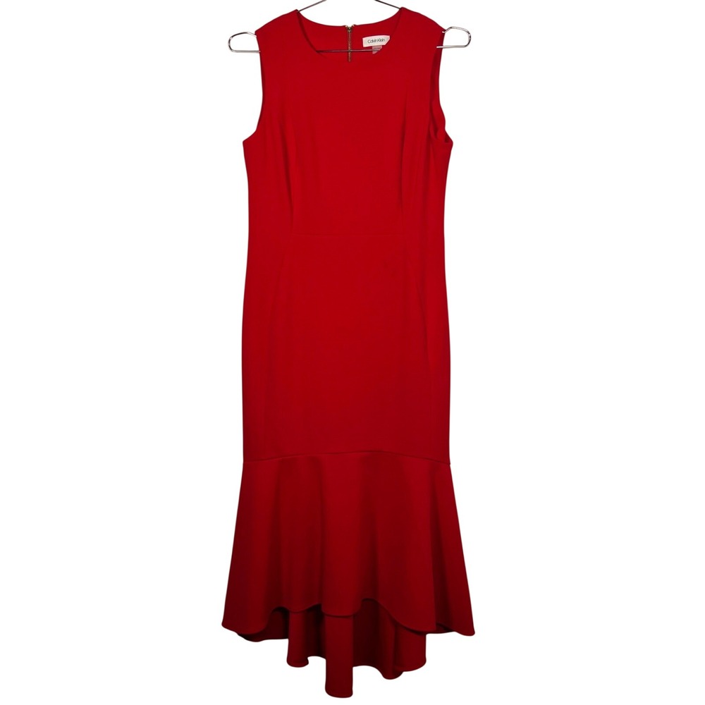 Modern Red Calvin Klein Mermaid Dress High Low Sleeveless Gold Zip Size 10โ